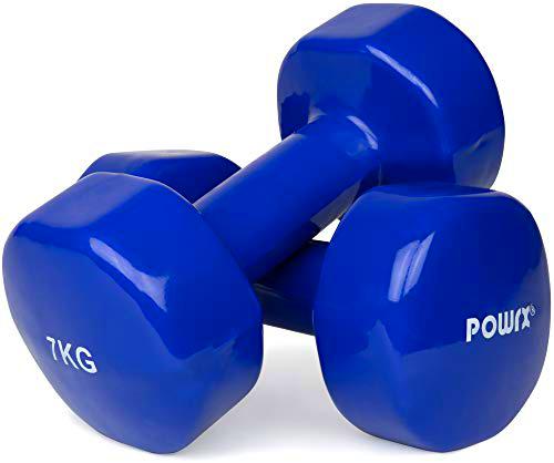 POWRX - Mancuernas Vinilo 14 kg Set (2 x 7 kg) + PDF Workout (BLU Oscuro)