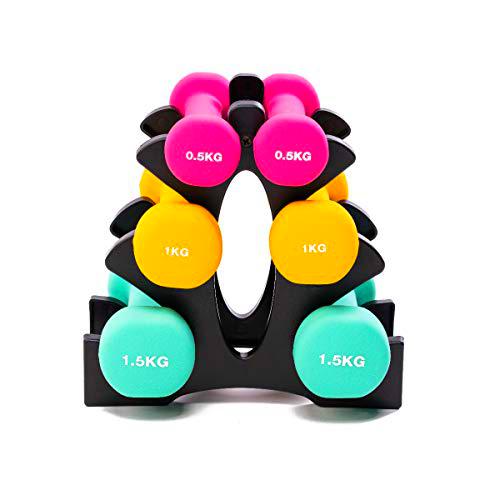 PRISP Juego de Mancuernas Soporte, 3 Pares de Pesas con Neopreno con Rack (0,5/1 / 1,5 kg)