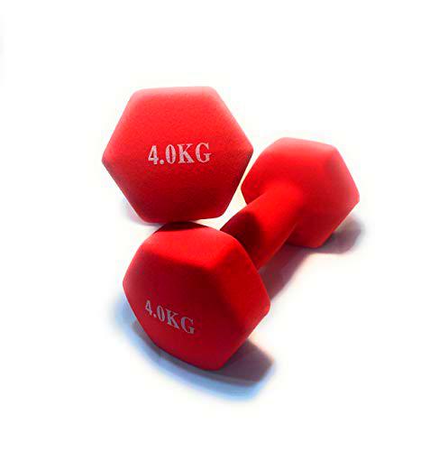 Mancuernas de Neopreno Gimnasio y Entrenamiento en Casa Fitness Pilates Musculación Gym Aire Libre Pesas Hexagonales Mate 2/3/4/5 Kg (Rojo, 4 Kg)