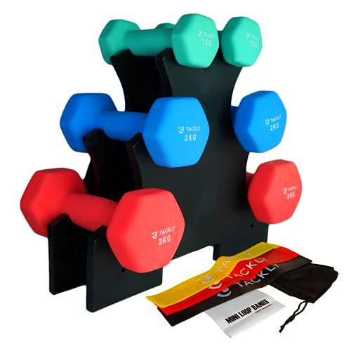 Tackly kit de mancuernas de neopreno 1- 3kg con soporte y cintas elásticas musculación